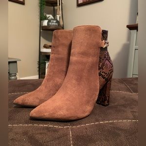 Brown Pointy Toe Booties With Snake Skin Pattern